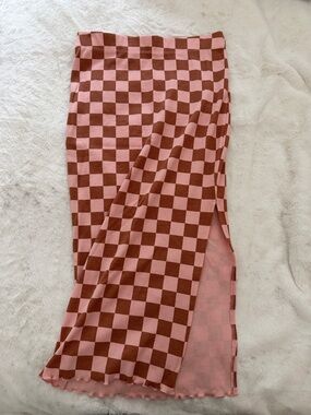 Pink and Brown Checkered Midi Skirt